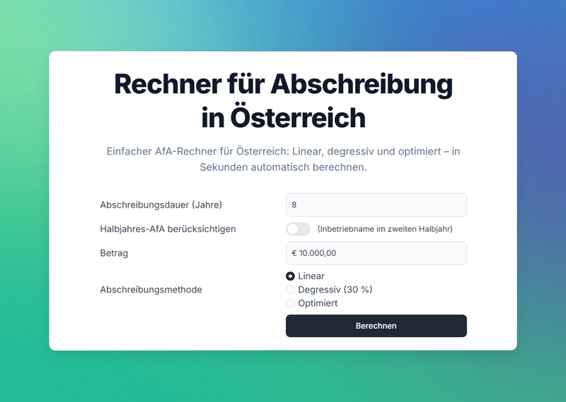 Rechner für Abschreibungen in Österreich: Linear, degressiv und optimiert mit Halbjahres-AfA