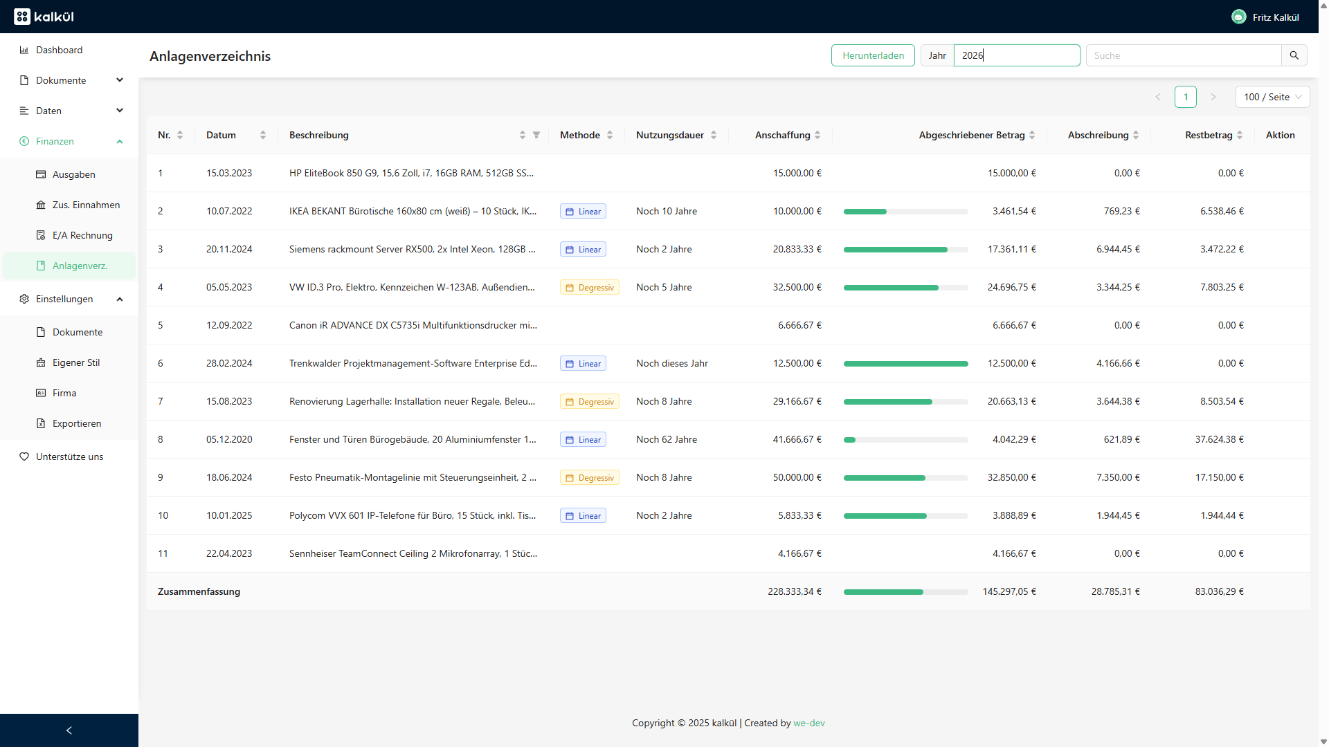 Anlagenverzeichnis für 2026 – zeigt, dass vergangene und zukünftige Jahre jederzeit einsehbar sind.