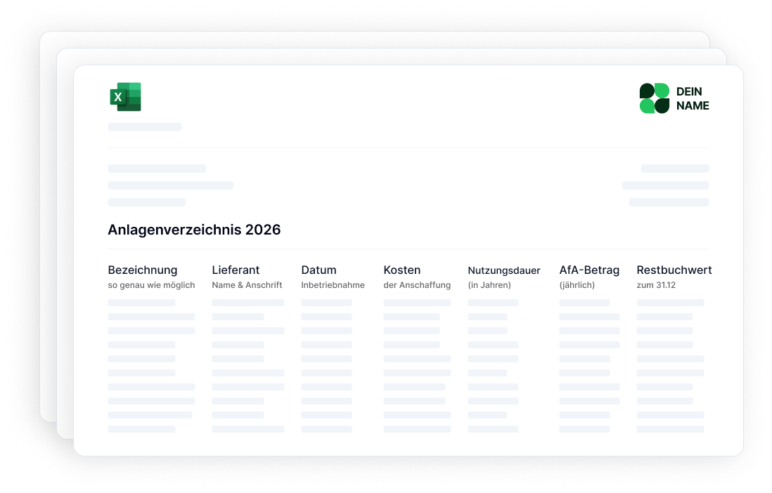 Grafische Darstellung eines Anlagenverzeichnisses im Stil einer Excel-Tabelle mit Spalten für Anschaffungskosten, Nutzungsdauer, Abschreibung und Restwert.