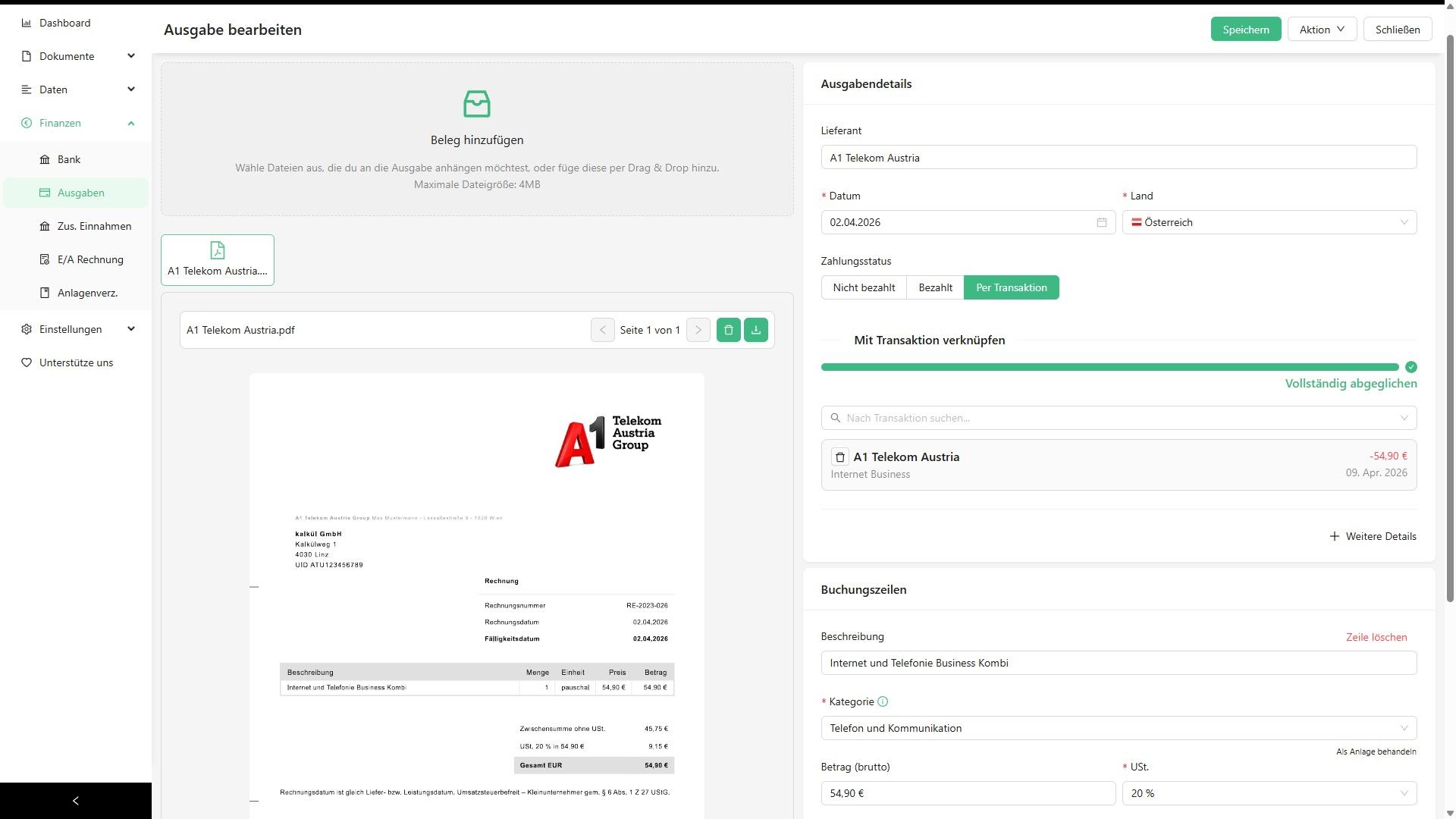 Belegansicht einer Internetrechnung, die direkt mit der entsprechenden Bankbuchung abgeglichen und verknüpft ist.