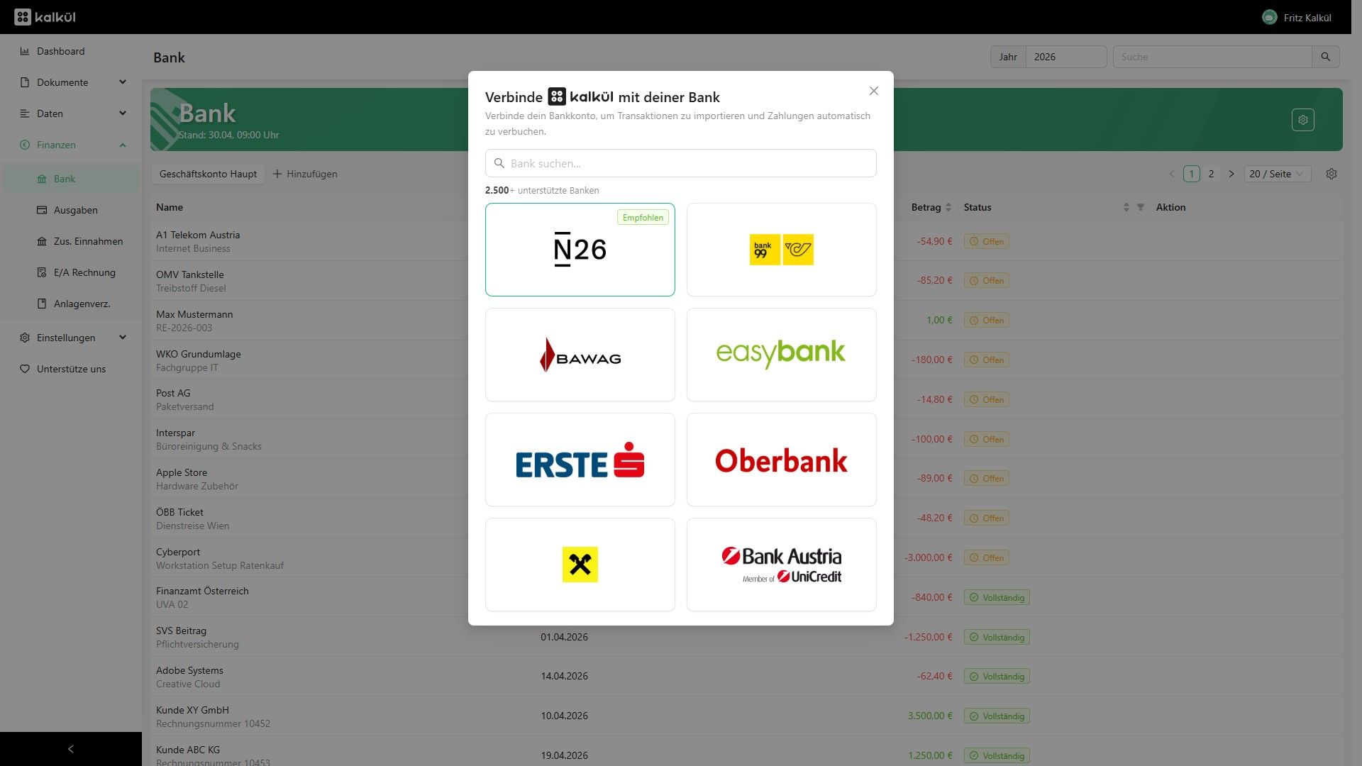 Auswahlmenü verschiedener Banken wie N26, BAWAG und Erste Bank zur sicheren Verknüpfung mit kalkül.