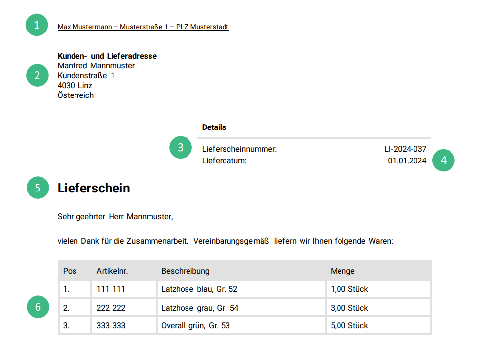 Bestandteile eines Lieferscheines