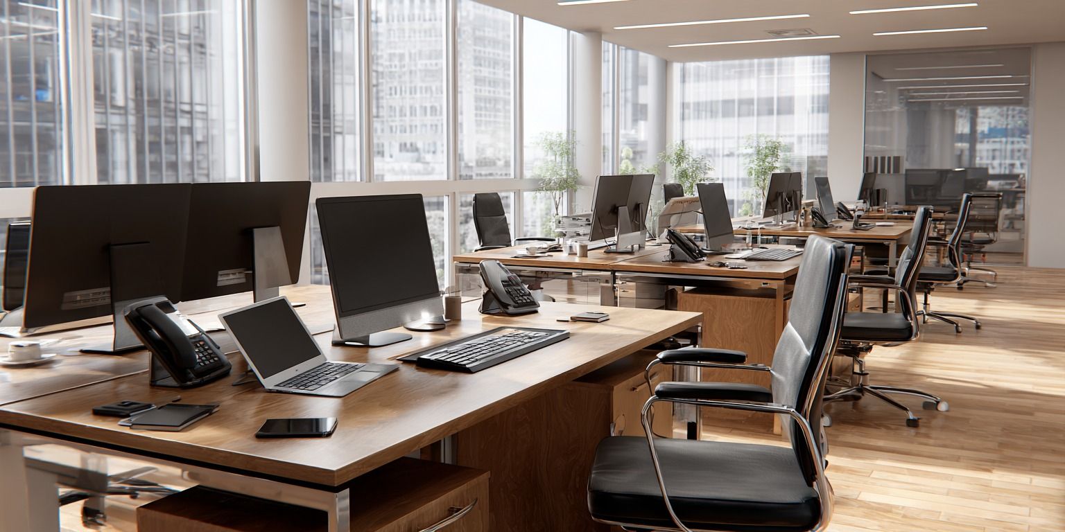 Büroarbeitsplatz mit Schreibtischen, Schreibtischstühlen, Kleinmöbeln, beruflich genutzter Software auf Bildschirmen, Laptops und Smartphones, modern, organisiert und ultra-realistisch.