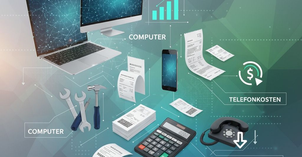 Eine Infografik-Collage zeigt verschiedene Büro- und Betriebsmittel wie Laptops, Monitore, Werkzeuge, Smartphones, Belege, Taschenrechner und Telefone, symbolisiert als abzugsfähige Kosten für Unternehmen.