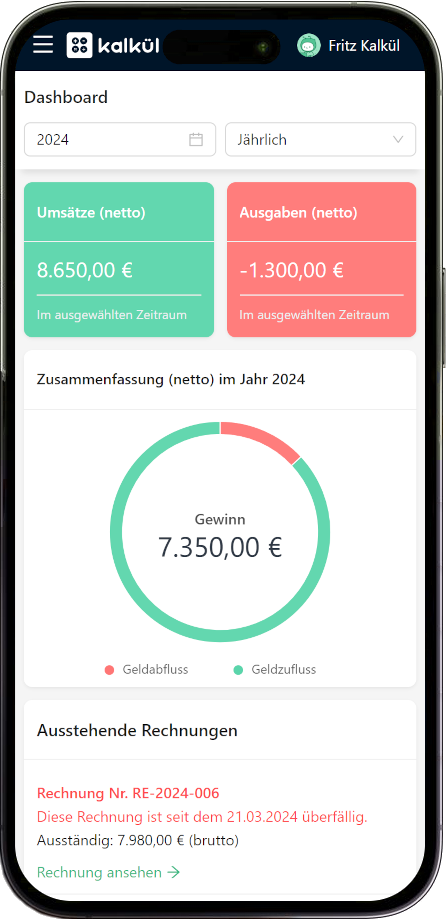 Screenshot vom mobilen Dashboard und den Statistiken von kalkül (iPhone)