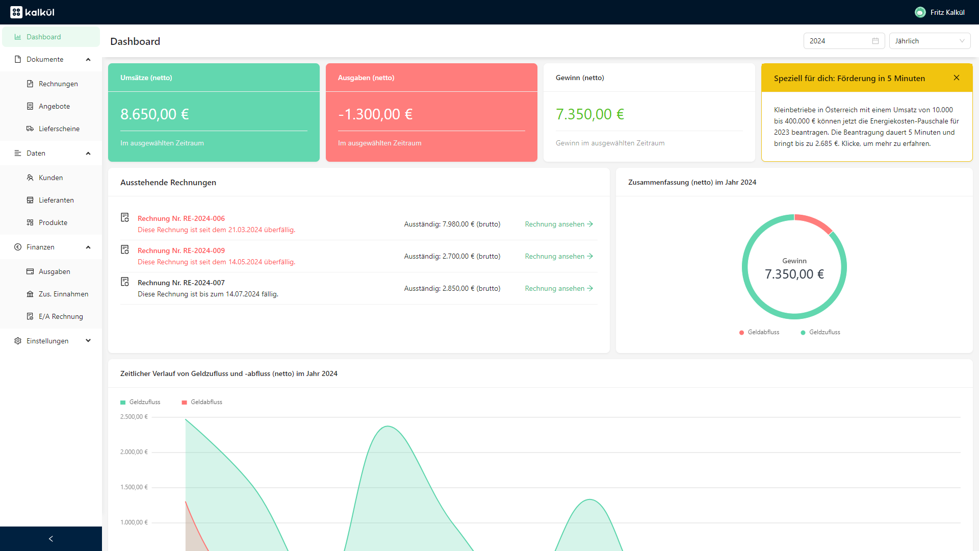 Screenshot vom Dashboard und den Statistiken von kalkül