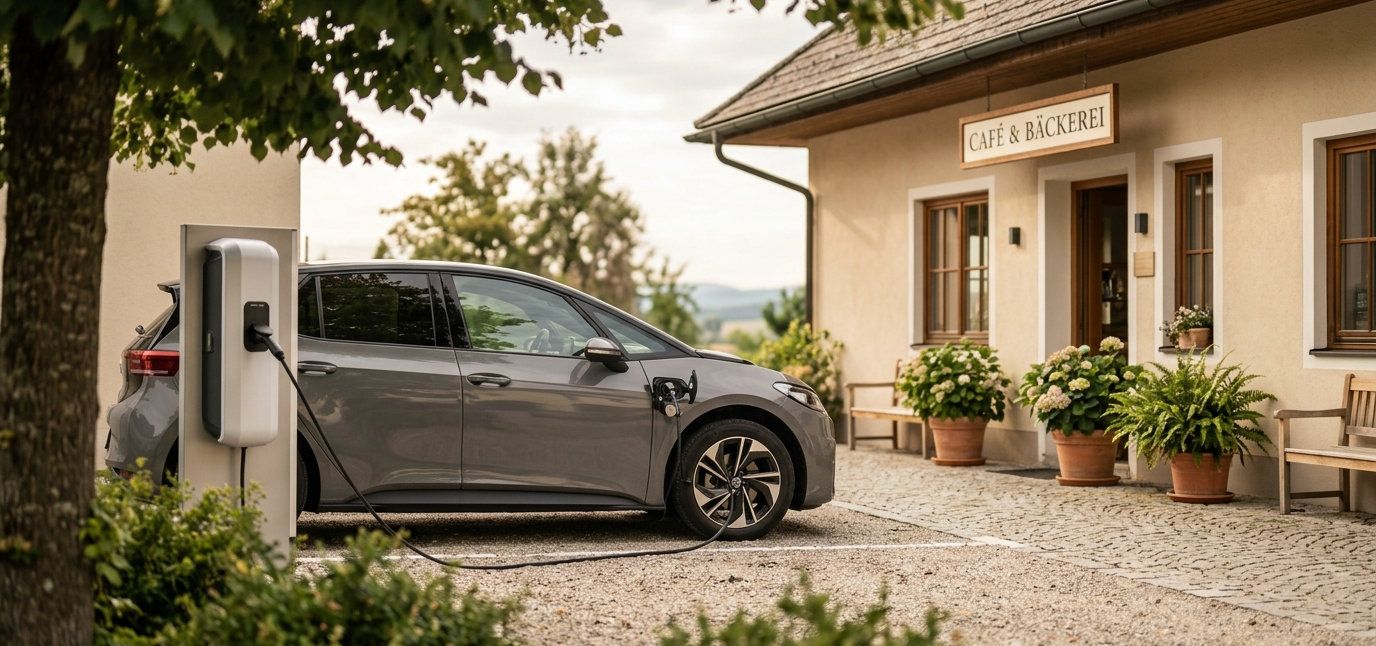 E-Auto lädt an einer Ladestation vor einem Firmengebäude, Symbol für ökologische Investitionen mit dem erhöhten Öko-Investitionsfreibetrag.