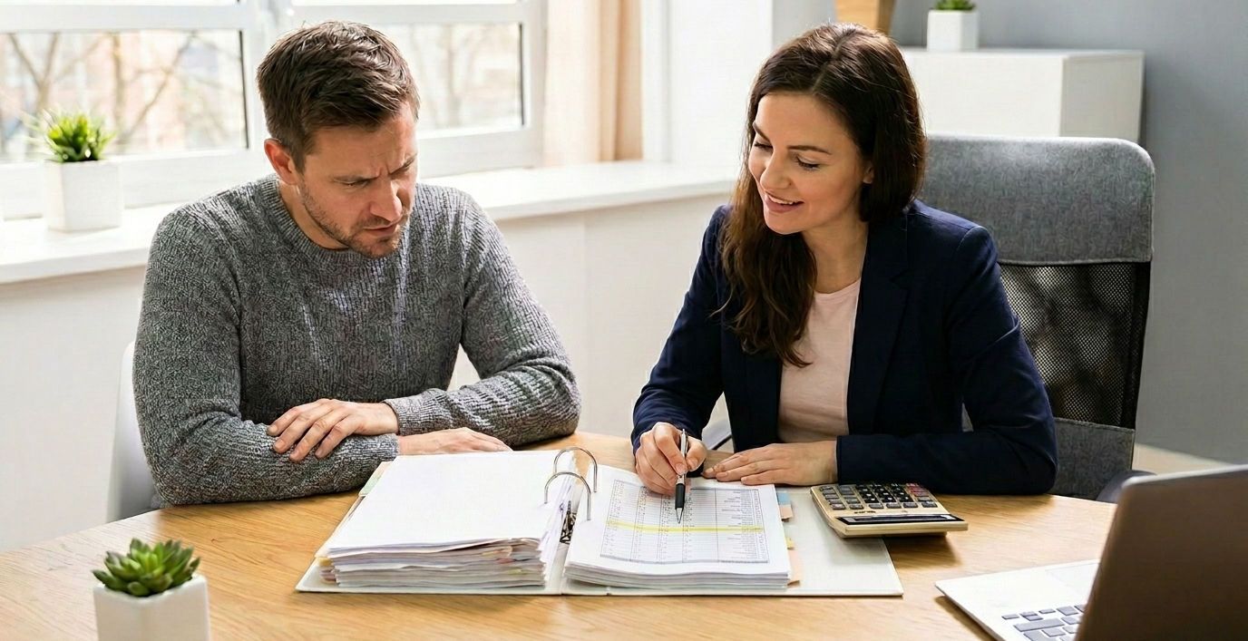 Zwei Personen am Schreibtisch lösen gemeinsam komplexe Steuerfragen, um Fehler bei der Nachversteuerung zu vermeiden.