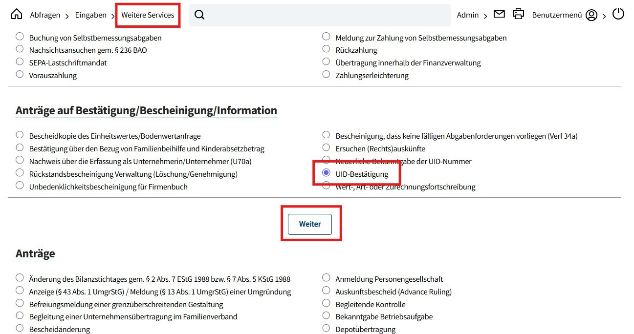 Schritt 1: UID-Bestätigung wählen (FinanzOnline)
