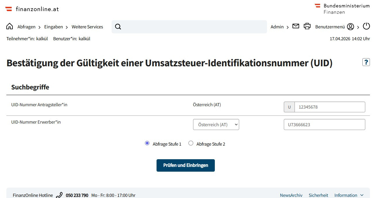 Schritt 2: UID-Nummer prüfen (FinanzOnline)