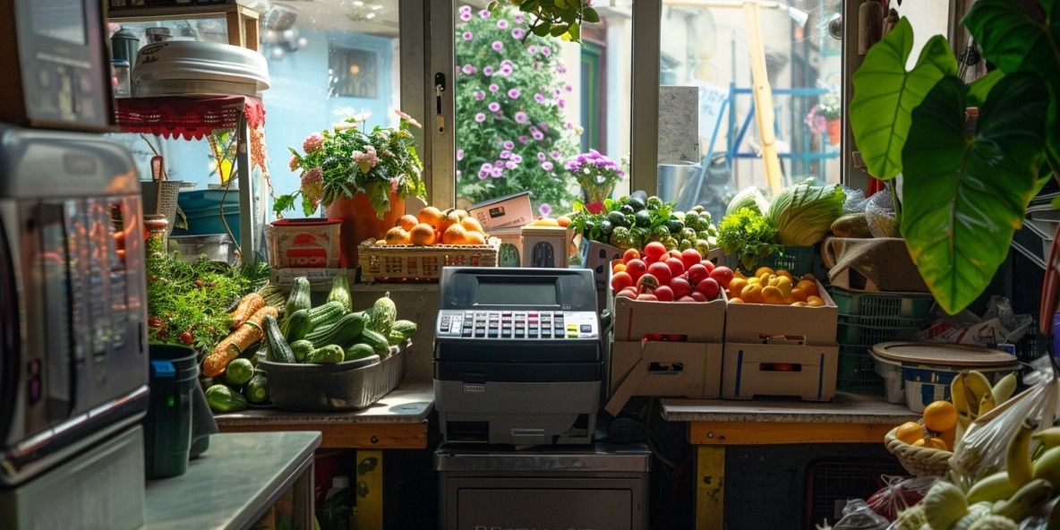 Fotografie einer Kasse in einem kleinen Obst- und Gemüseladen, umgeben von frischen Produkten.