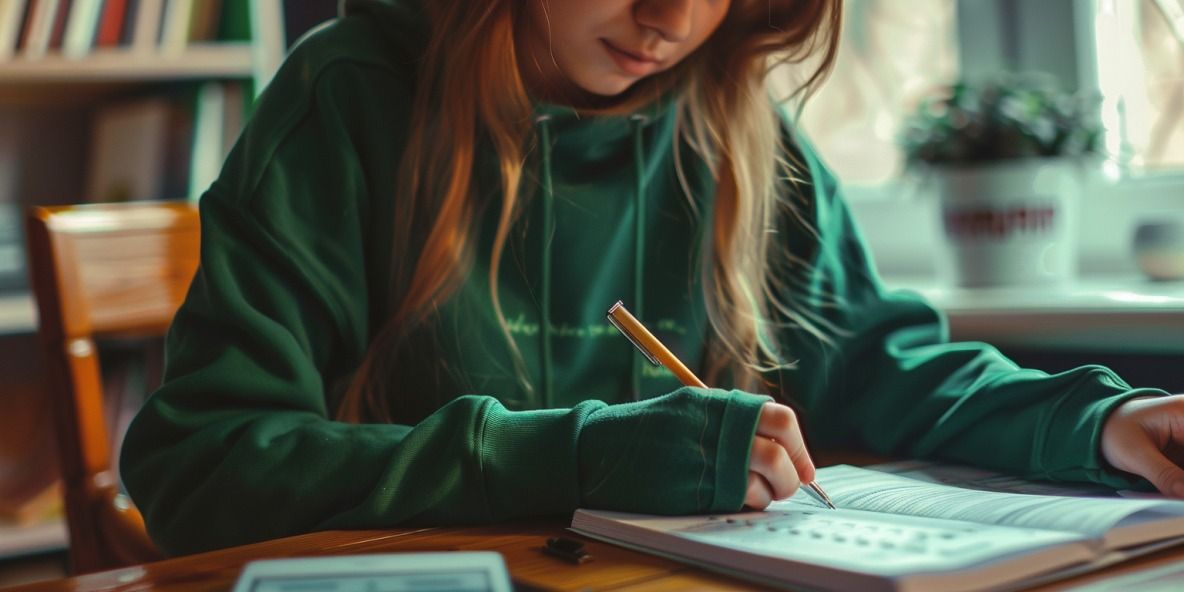  Junge Frau in grünem Hoodie sitzt an einem hölzernen Schreibtisch und häkelt Kästchen auf einer Checkliste an.