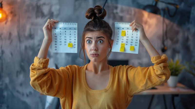 Verwirrte Frau hält zwei Kalender hoch, unsicher über Termine oder Daten.