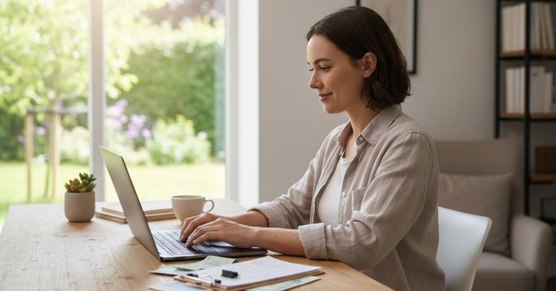 Eine selbständige Frau arbeitet entspannt an ihrem Laptop in einem hellen Heimbüro mit einem Fenster im Hintergrund, Rechnungen und Belege liegen ordentlich daneben, was eine überschaubare Buchhaltungssituation darstellt.