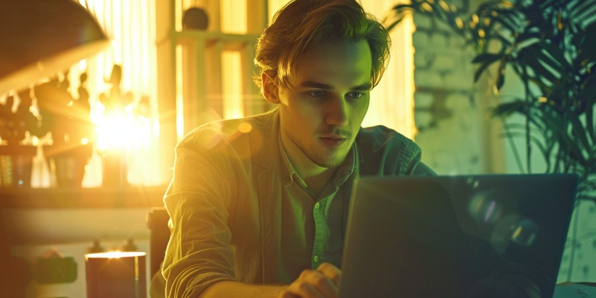 Junger Unternehmer (Freelancer) erstellt konzentriert eine Rechnung auf einem Laptop von Zuhause.