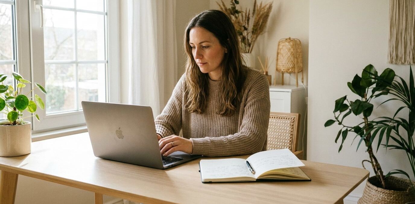 Freelancerin im Homeoffice arbeitet konzentriert am Laptop an einem hellen minimalistischen Arbeitsplatz