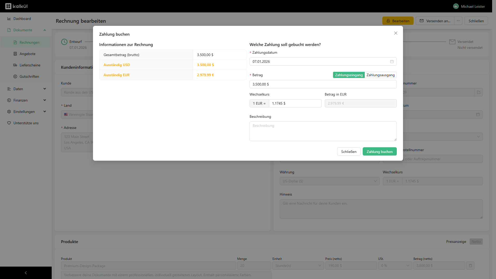 Dialogfenster „Zahlung buchen“ in kalkül für eine US-Dollar-Rechnung, inklusive Wechselkurs-Eingabe und Anzeige des resultierenden Euro-Betrags.