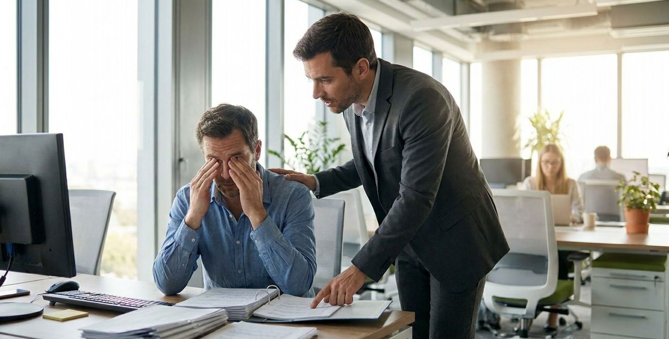 Gestresster Mann im Büro wird von einem Berater im Anzug mit Hand auf der Schulter beruhigt und bei einem Problem mit Dokumenten unterstützt.