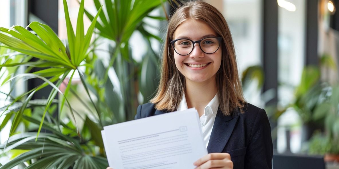 Junge Geschäftsfrau im Anzug lächelt in die Kamera und hält ein Dokument hoch. Sie hat schulterlanges Haar und trägt eine Brille. Modernes Büro mit klaren Linien und Zimmerpflanzen.