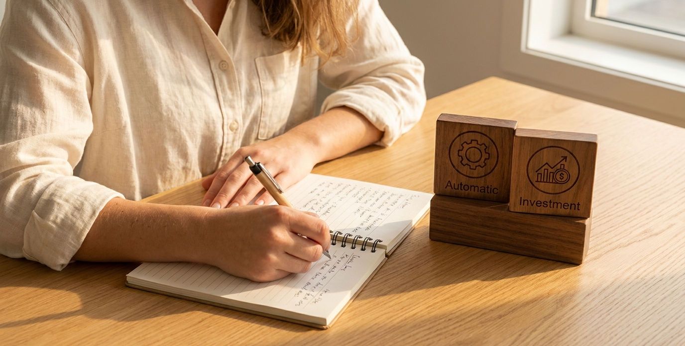 Selbstständige Person plant im Homeoffice die Aufteilung von Grundfreibetrag und investitionsbedingtem Gewinnfreibetrag in einem Notizbuch.