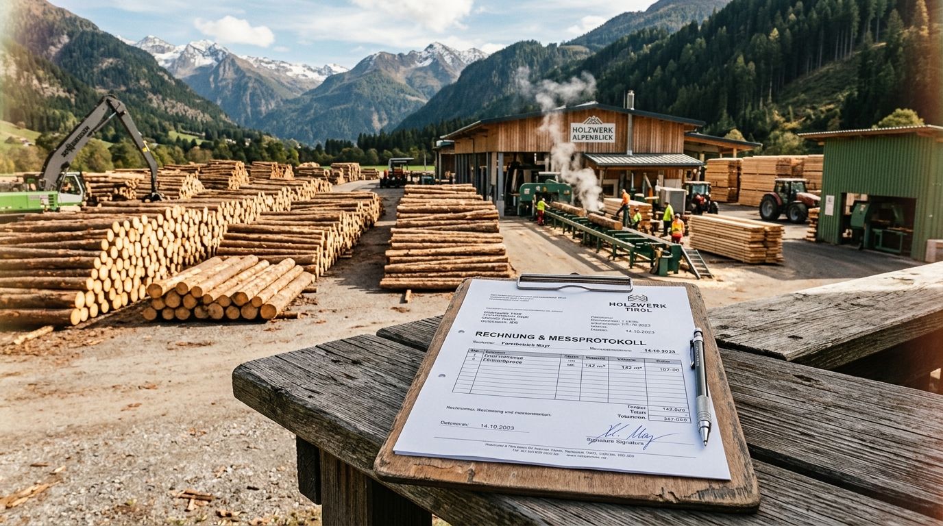Klemmbrett mit Abrechnung und Messprotokoll auf einem Holzschreibtisch vor einem Sägewerk mit gestapelten Baumstämmen in den Bergen.