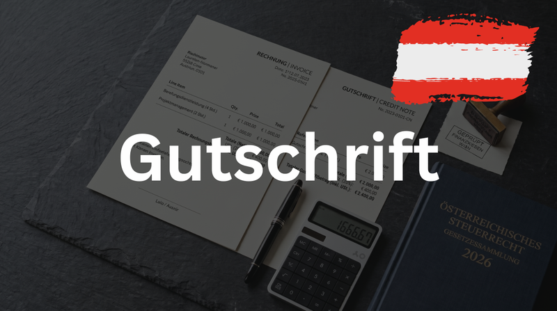 Dunkle Arbeitsfläche mit Rechnungs- und Gutschrift-Dokumenten, Füllfederhalter, Taschenrechner, Firmenstempel und dem Buch Österreichisches Steuerrecht.