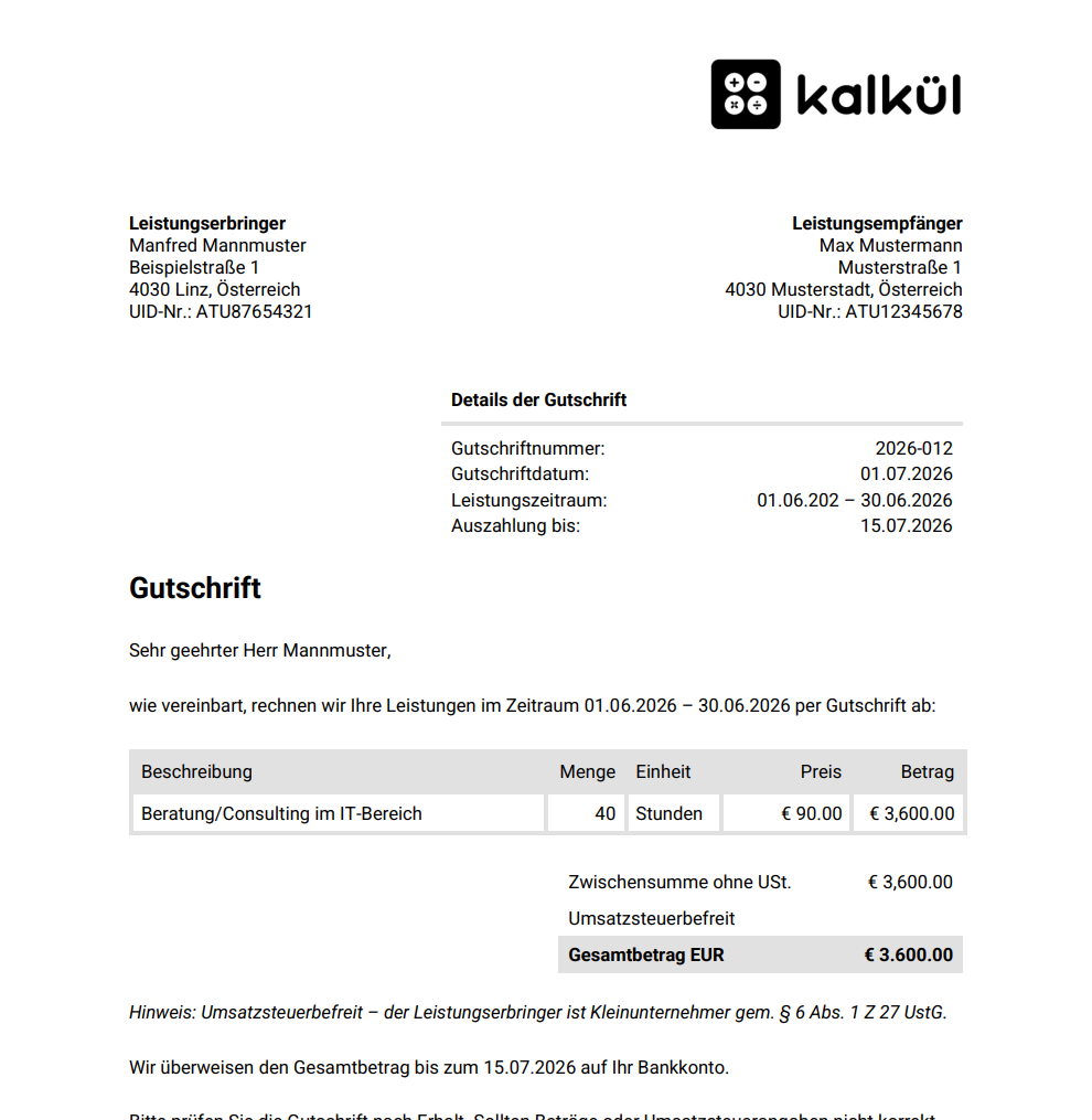 Gutschrift Vorlage an einen Kleinunternehmer aus Österreich ohne Umsatzsteuer