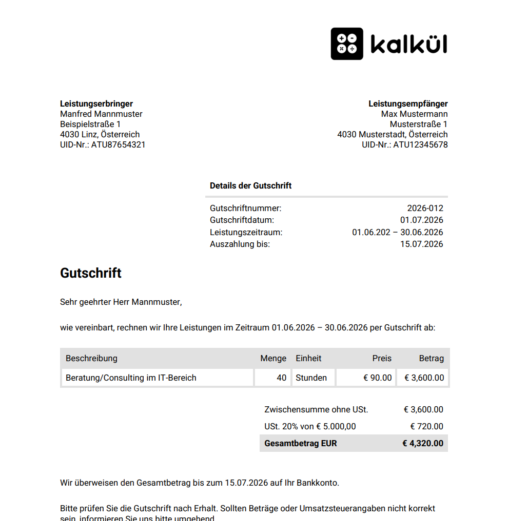 Gutschrift Vorlage aus Österreich mit Umsatzsteuer, ausgestellt vom Leistungsempfänger