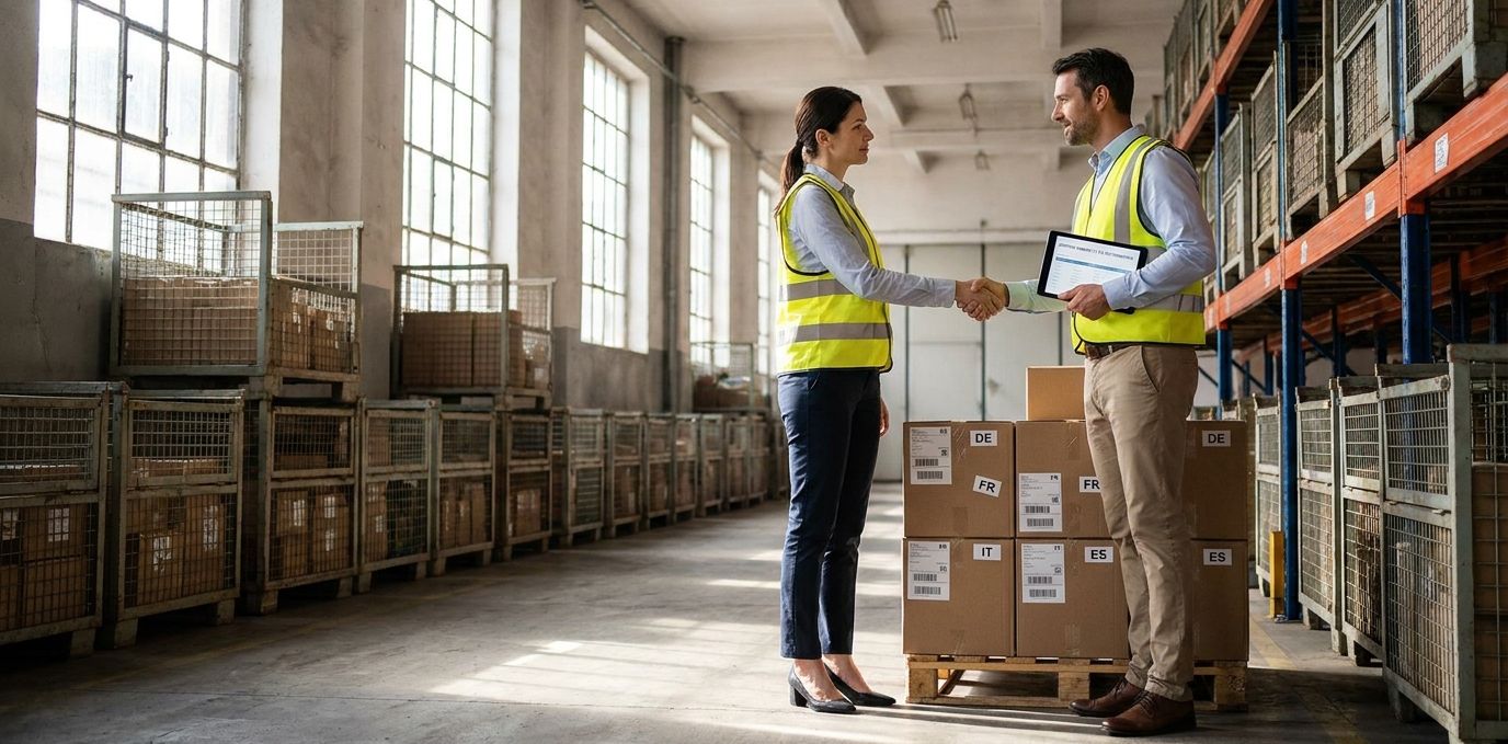 Österreichischer Unternehmer übergibt Warenlieferung an EU-Geschäftspartner – Lagerszene mit Paletten, Kartons und internationalem Versand, natürliches Industrielicht.