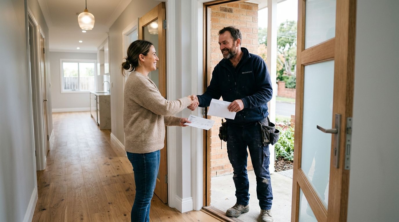 Handwerker übergibt einer Kundin nach dem fertigen Auftrag die Rechnung an der Wohnungstür – bei der Sollbesteuerung zählt der Monat der Arbeit, nicht die Zahlung.