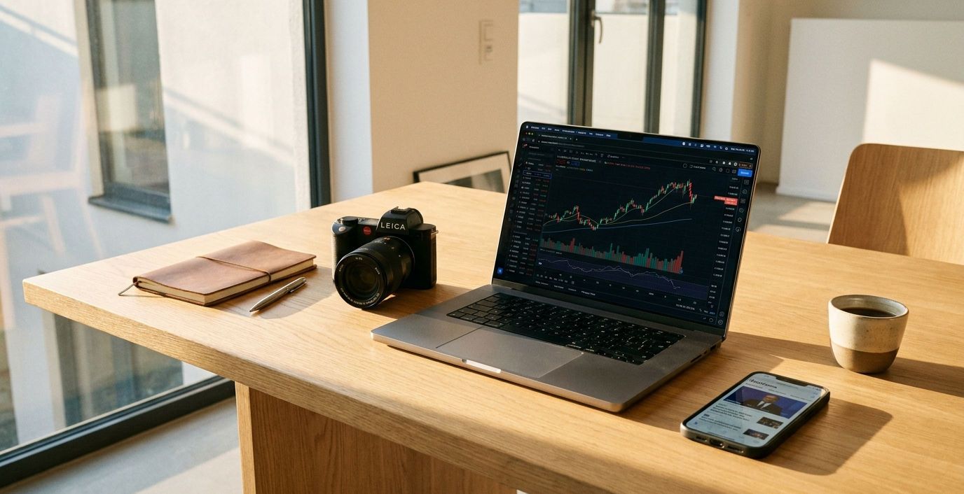 Moderne IT-Ausstattung und Kamera auf einem Holzschreibtisch als Beispiel für begünstigte Investitionen beim Gewinnfreibetrag.