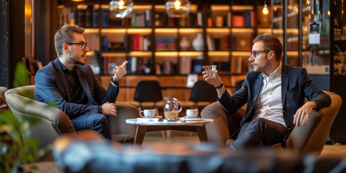 Zwei junge Unternehmer in Anzügen unterhalten sich bei Kaffee in gemütlicher Café-Atmosphäre.