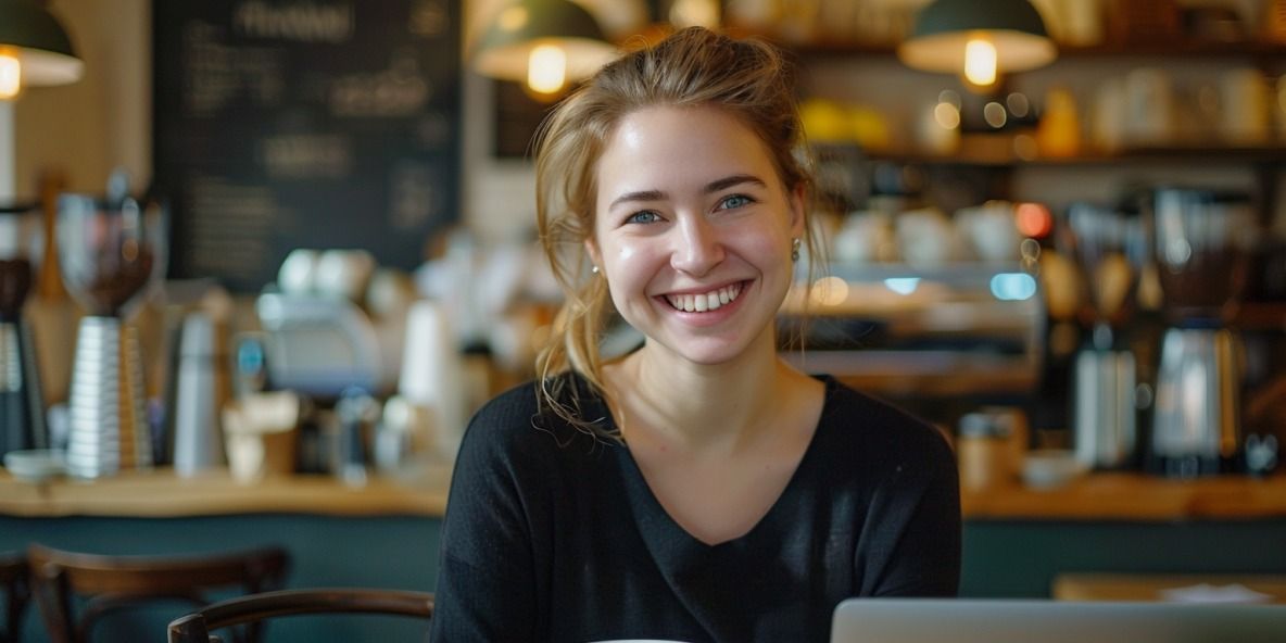 Junge Unternehmerin lächelt in die Kamera, sitzt mit Laptop und Kaffee an einem schicken, modernen Tisch in einem minimalistischen Café.