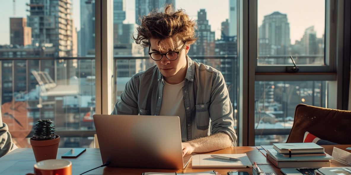 unger Unternehmer mit Laptop am Schreibtisch im Homeoffice, konzentrierter junger Mann mit Brille und unordentlichem Haar, lässiges Hemd, unordentlicher Schreibtisch mit Notizbüchern, Kaffeetasse und Smartphone, moderne Wohnung mit großen Fenstern und Stadtblick, gemütliche und produktive Atmosphäre mit warmem Tageslicht.