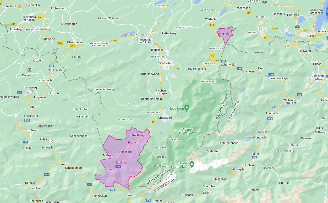 Karte von Österreich mit den Ortschaften Jungholz und Mittelberg