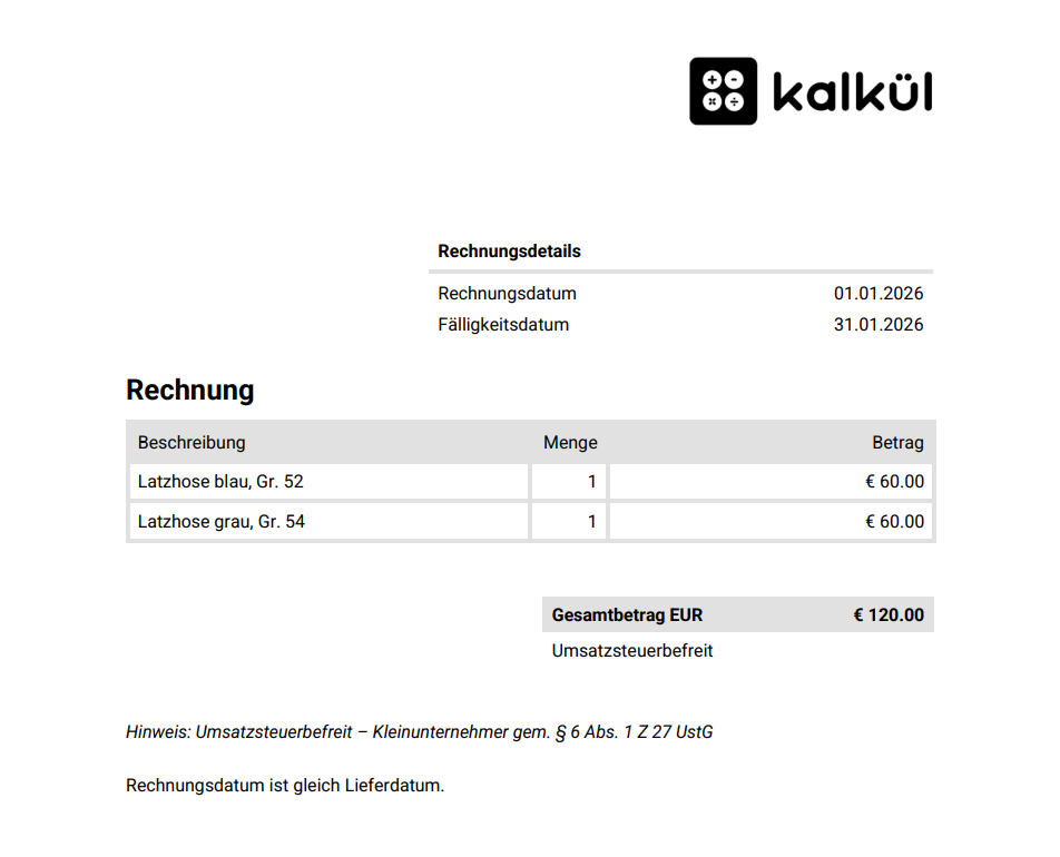 Kleinbetragsrechnung für Kleinunternehmer aus Österreich in kalkül