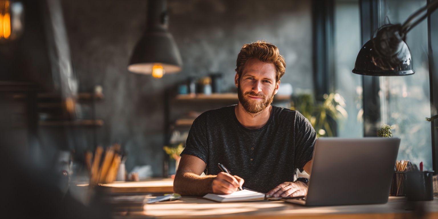 Unternehmer sitzt lächelnd vor dem Laptop, blickt in die Kamera und tippt an seinem modernen Holzschreibtisch.
