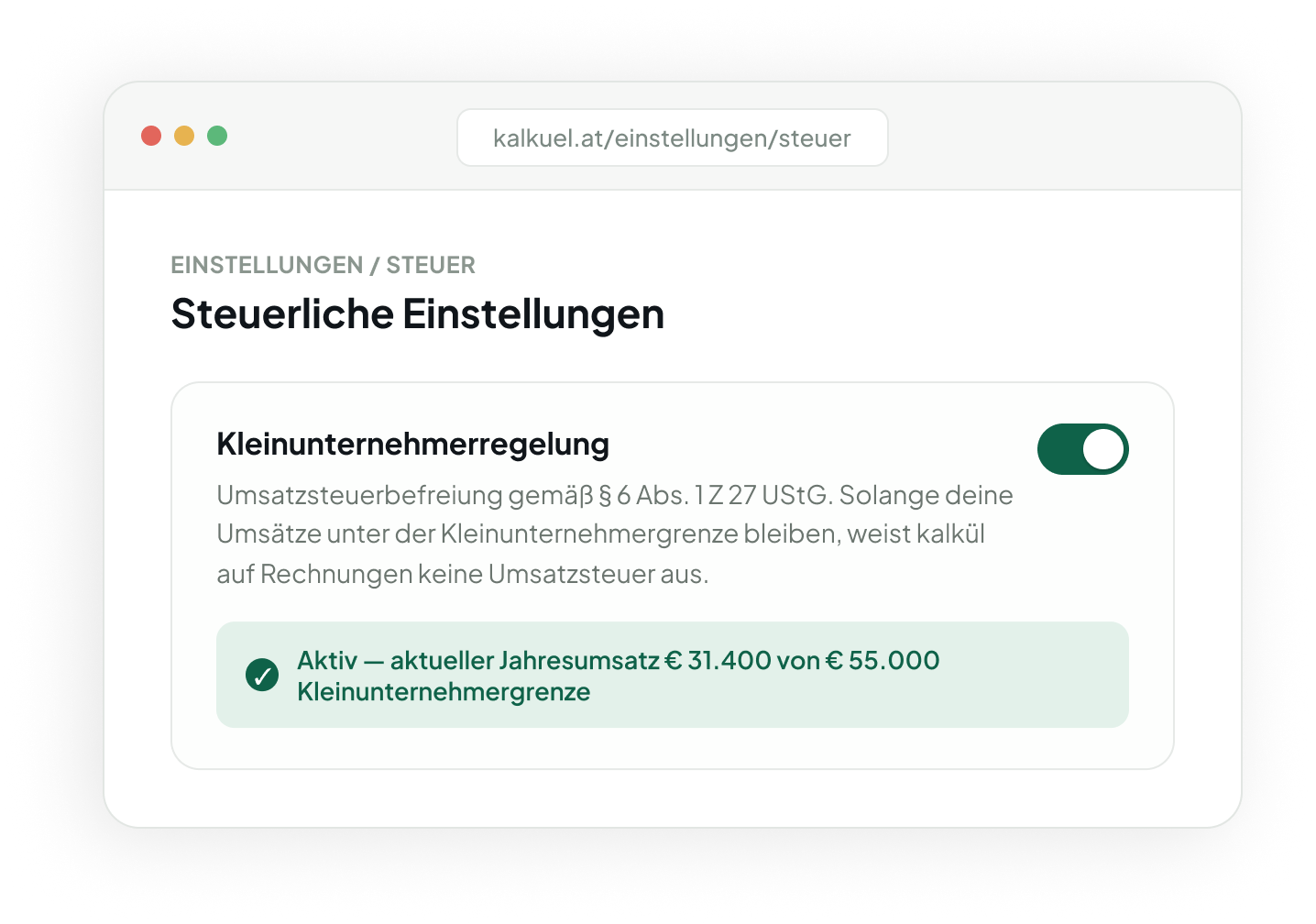 Kleinunternehmerregelung in den Einstellungen von kalkül aktivieren
