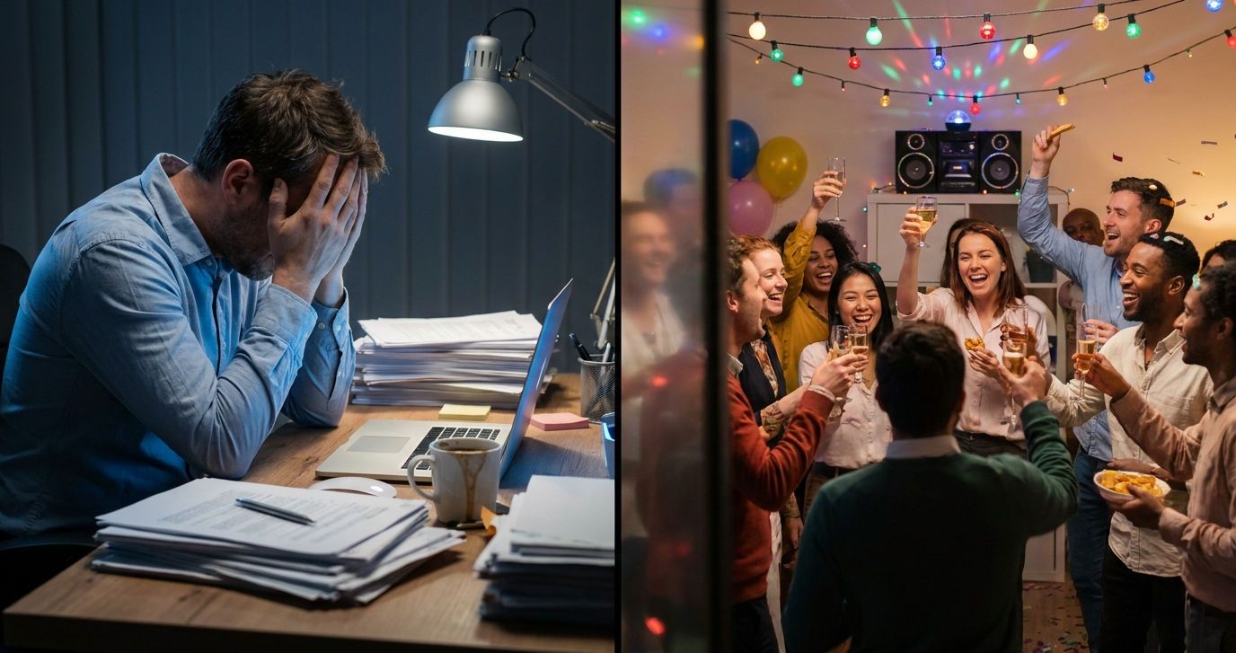 Zweigeteiltes Bild: Links ein erschöpfter Unternehmer nachts am Schreibtisch über Papieren brütend; rechts feiernde Angestellte bei einer Firmenfeier.