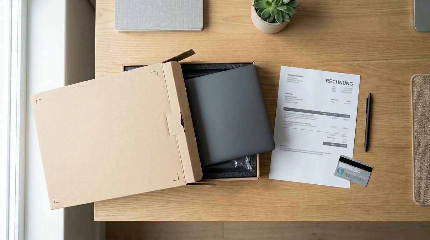 Neu gekaufter Laptop im Karton neben der Rechnung, einem Stift und einer Bankkarte auf dem Schreibtisch – aus solchen Rechnungen ziehen Unternehmer die Vorsteuer ab.
