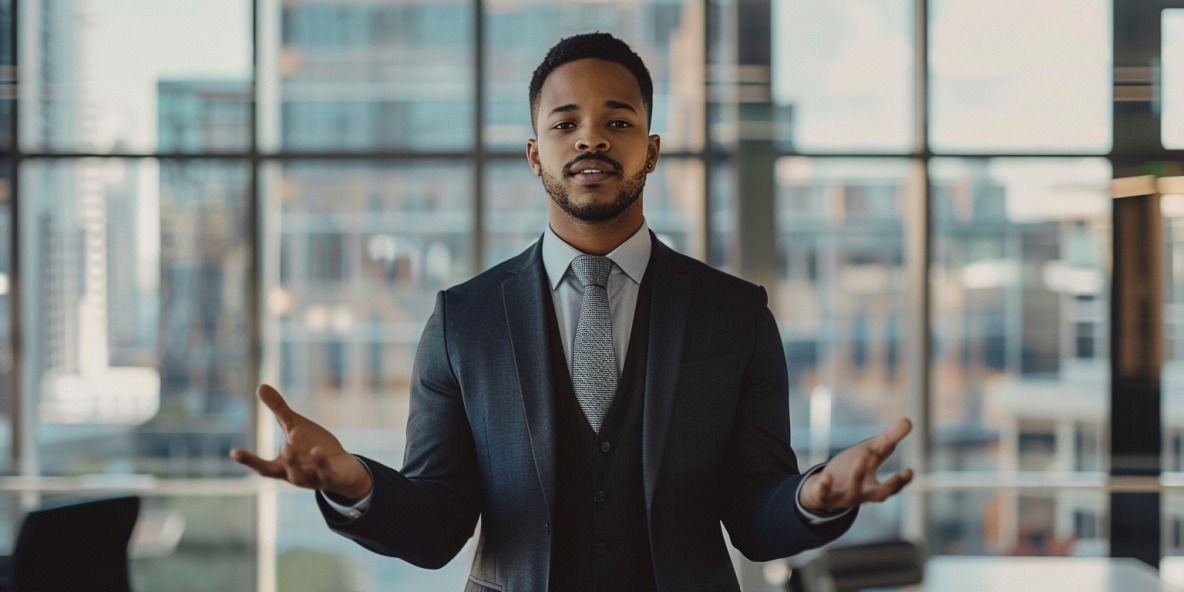 Ein Mann im Anzug streckt die Hände aus und erwartet Geld von jemand anderem. Er trägt einen formellen Anzug und hat einen ernsten Ausdruck. Das Setting ist ein elegantes Büro mit moderner Einrichtung und Blick auf die Stadtsilhouette.