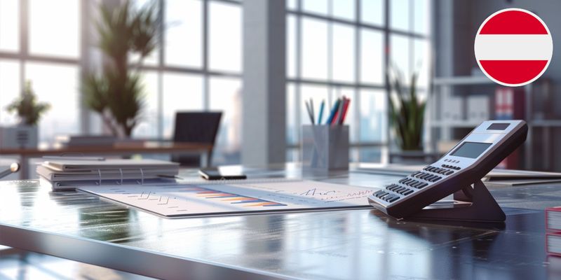 Moderne Büroszene mit Dokumenten, Rechner und Kalender auf einem Metalltisch. Helles Büro mit großen Fenstern im Hintergrund.