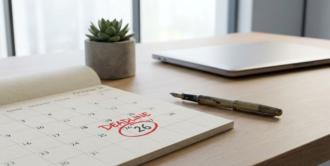 Moderner Büro Kalender mit roter Markierung auf Schreibtisch im Office mit Laptop und Tageslicht Fotografie.