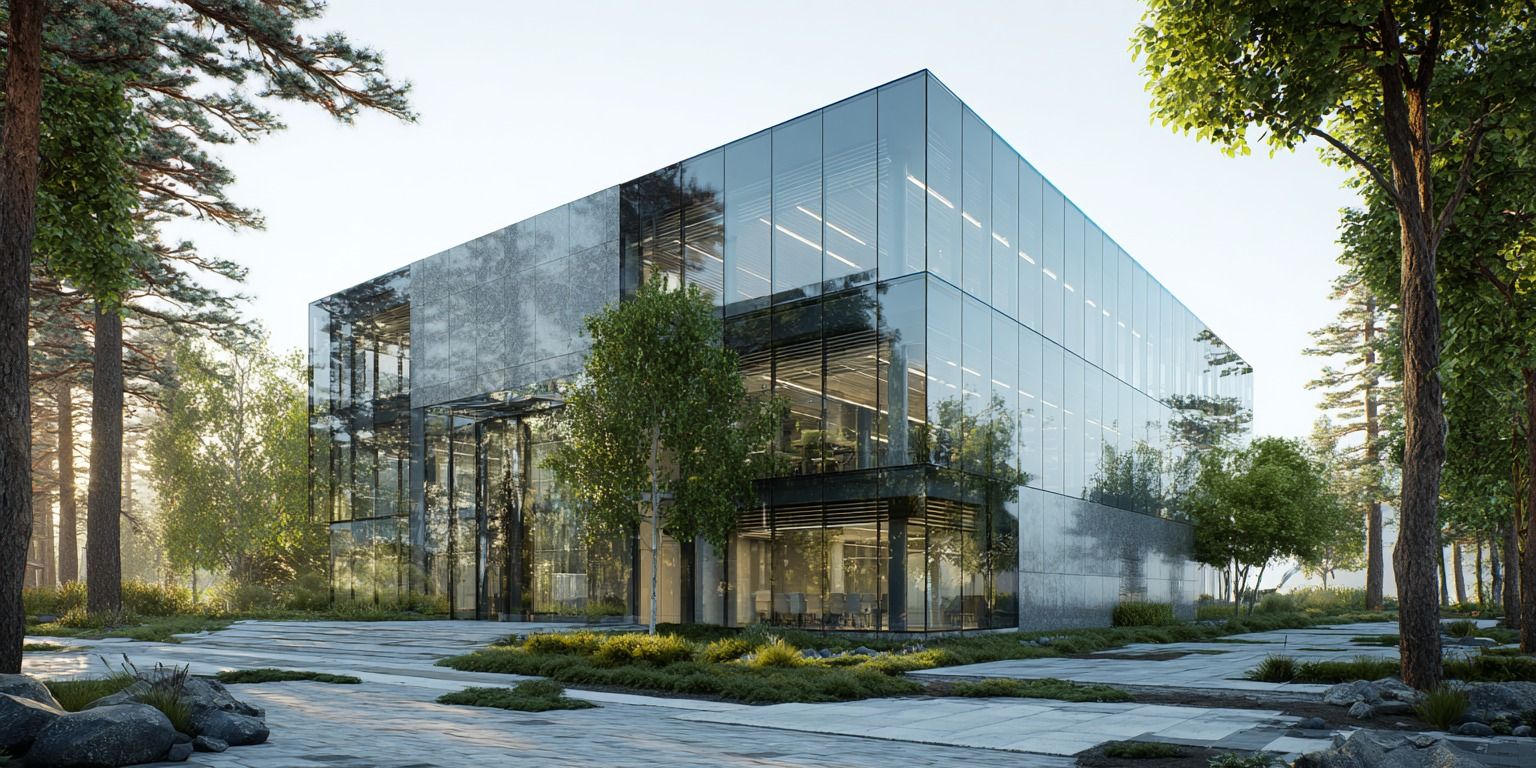 Modernes Bürogebäude mit Glasfassade, umgeben von Bäumen und gepflegter Landschaft, helles Tageslicht, ultra-realistisch und detailliert.