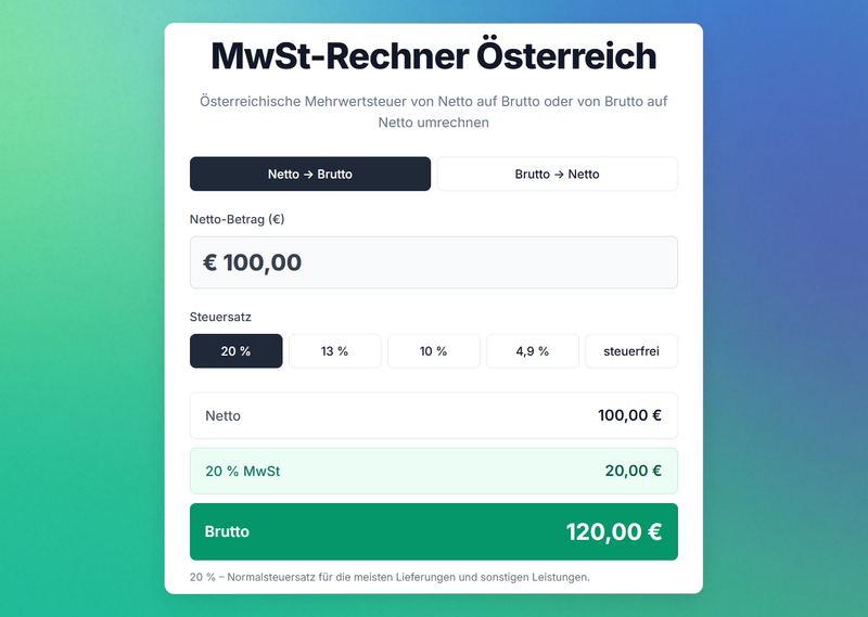 Rechner von kalkül für Mehrwertsteuer Österreich