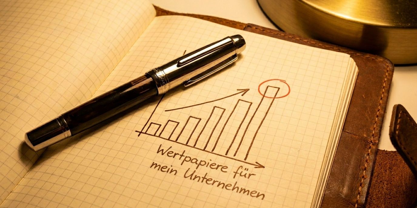 Edler Stift auf Notizbuch mit ansteigendem Balkendiagramm, Symbol für maximalen Gewinnfreibetrag.