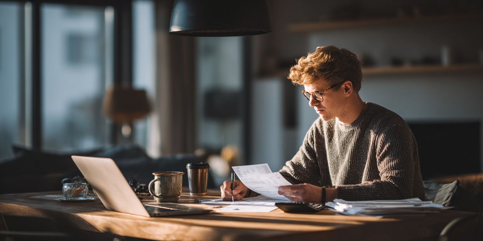 Österreichischer Freiberufler sitzt an einem hellen Holzschreibtisch mit Laptop, arbeitet an der Buchhaltung, Taschenrechner und Kaffeetasse auf dem Tisch, modernes Homeoffice mit Fensterlicht, ruhige und produktive Atmosphäre.