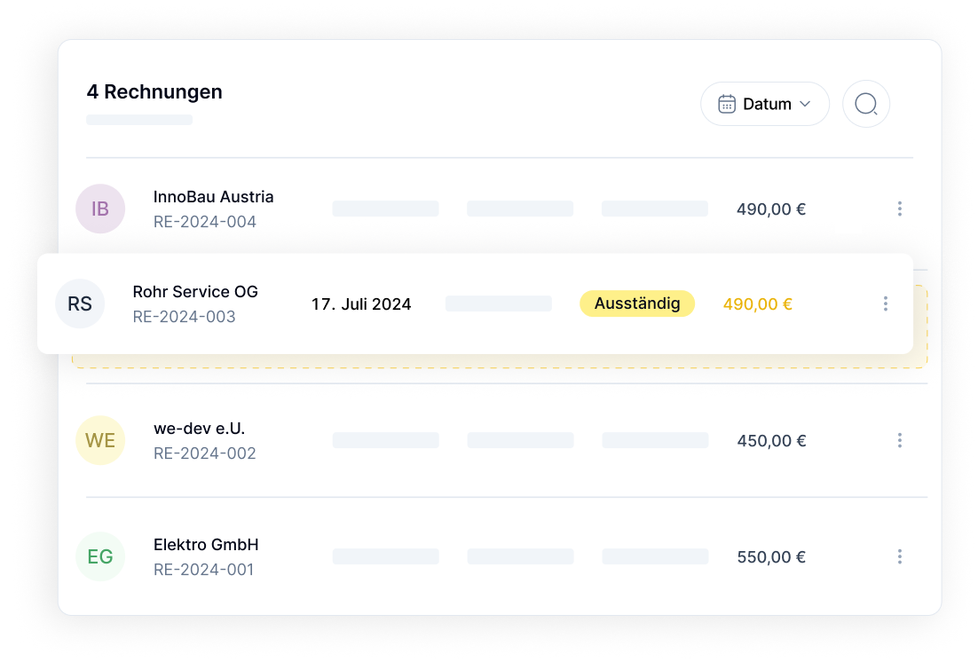 Übersicht mit allen offenen Rechnungen in der Software von kalkül