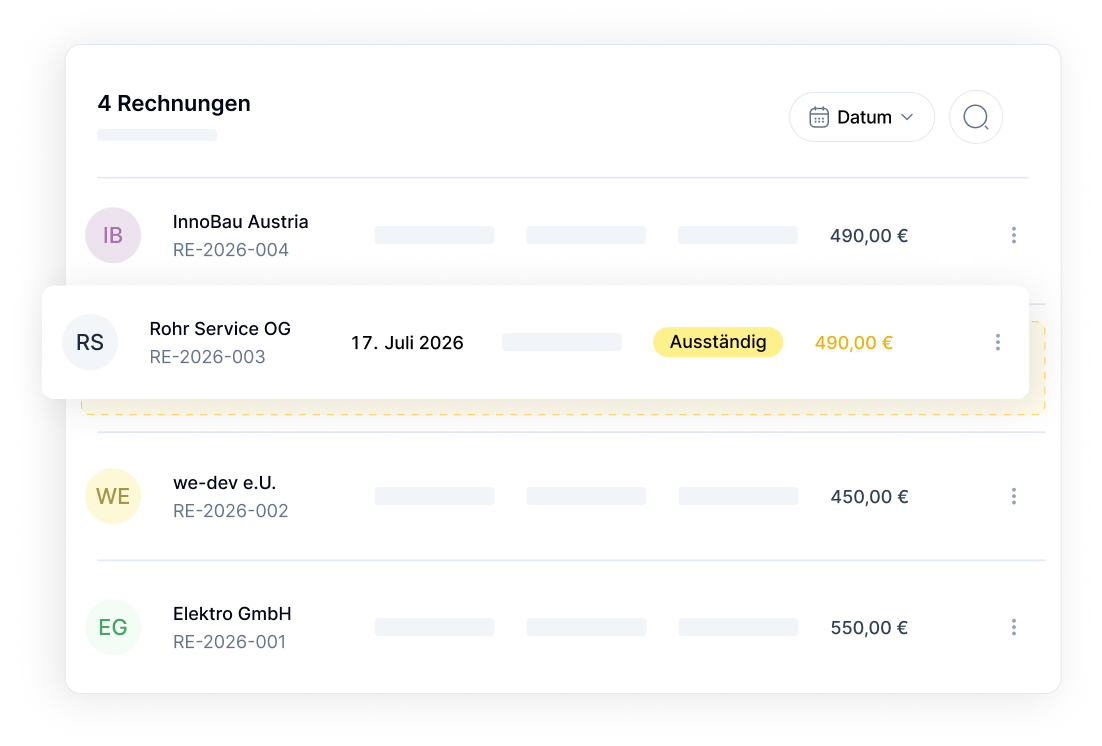 Übersicht mit allen offenen Rechnungen in der Software von kalkül