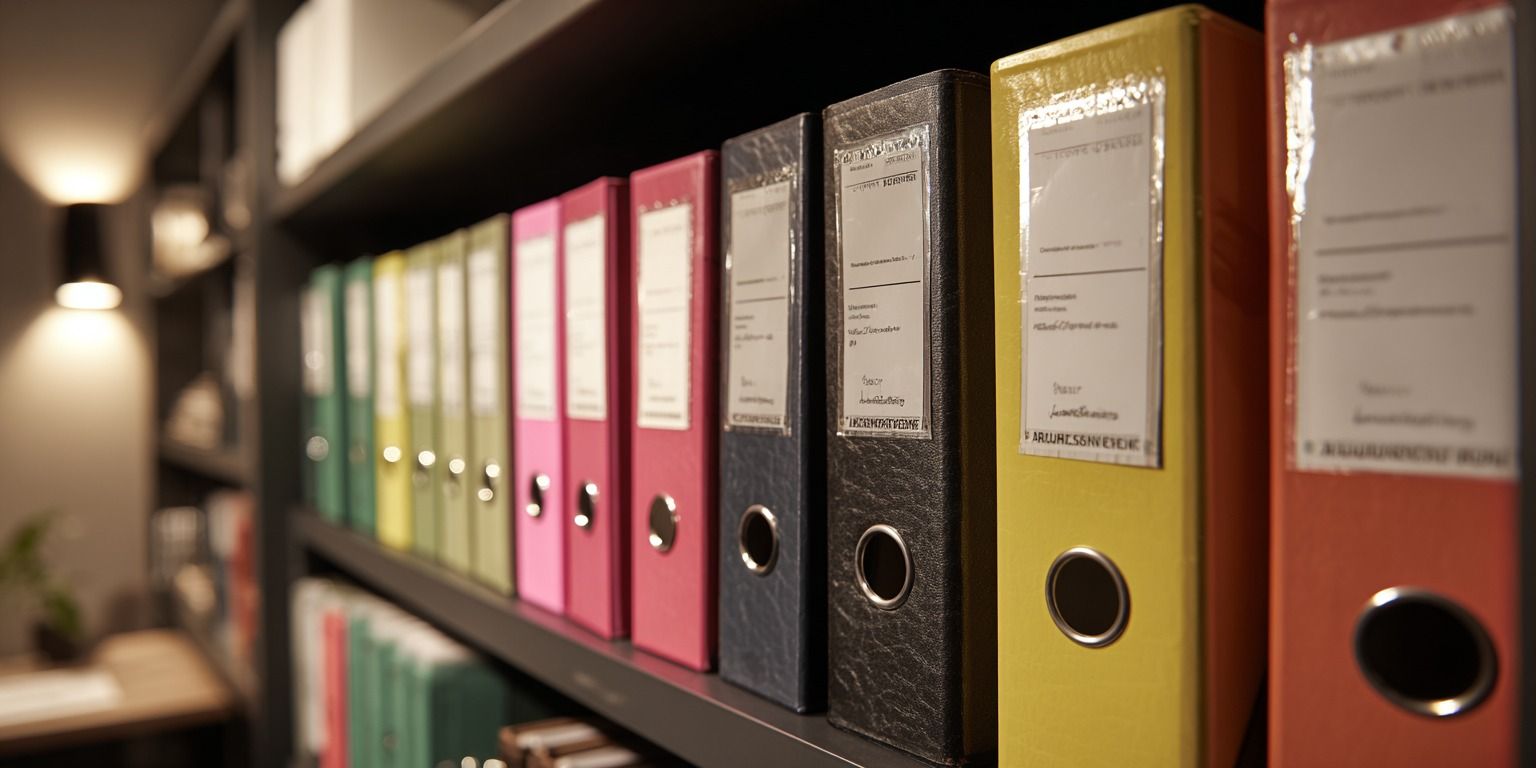 Sauber beschriftete Ordner im Regal mit Aufklebern 'Anlagenverzeichnis' und 'Buchhaltung', warme Bürobeleuchtung, ordentlicher und professioneller Arbeitsplatz.
